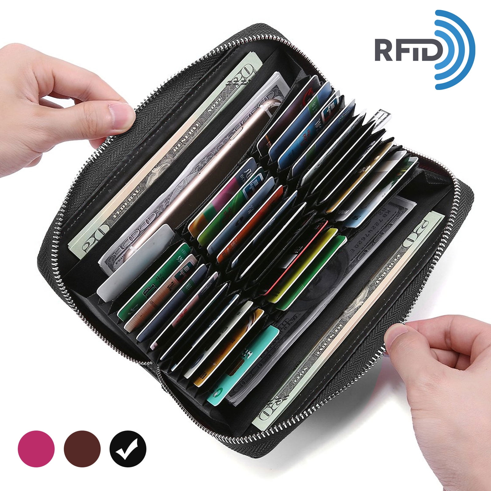 Womens RFID Blocking Leather Zipper Around Wallet Clutch Large Travel Purse Wristlet Bag Phone Bag Card Package