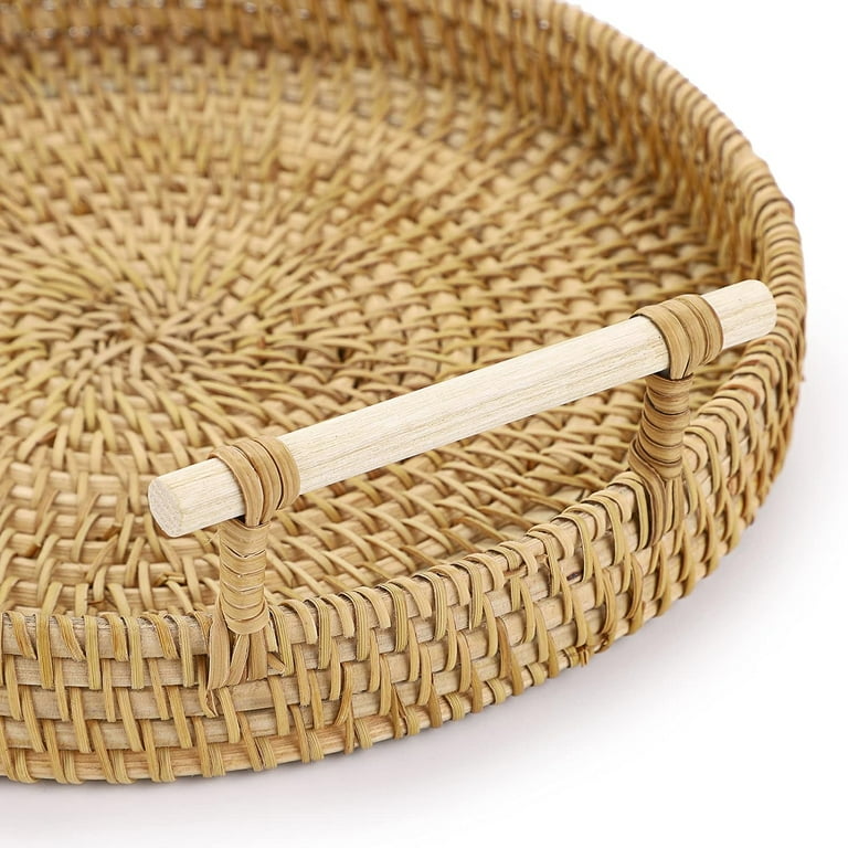 Small Round Rattan Serving Tray Wicker Basket Tray with Handles Hand Woven Decorative Tray Basket Ottoman Trays for Coffee Table Party Bathroom Home