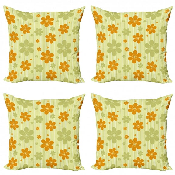 Ambesonne Floral Throw Pillow Cover 4 Pack, Retro Graphic Flowers, 18", Pale Green Orange