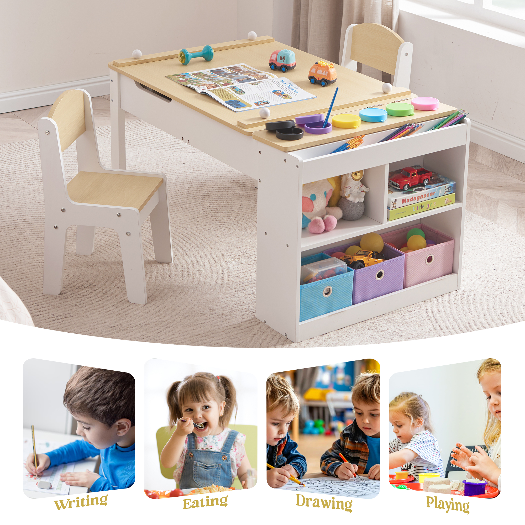 Kids Art Table Set with Chairs, 3-in-1 Kids Art Easel & Craft Desk for Coloring Drawing, Activity Table with 6 Paint Cups, 6 Storage Bins & Paper Roll Holder