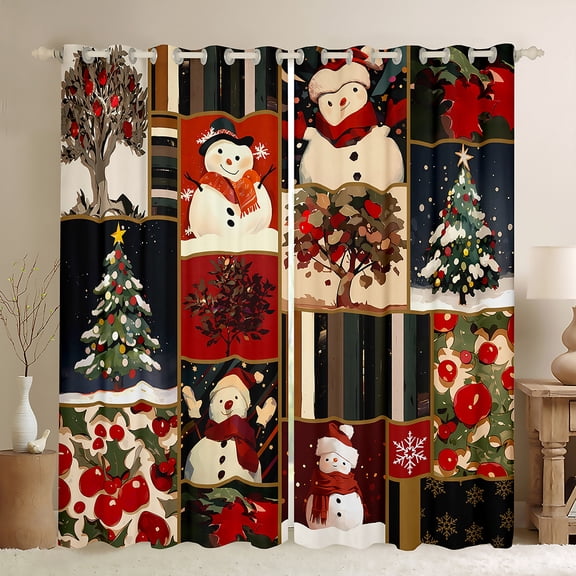 Homewish Kawaii Winter Snowman Black Out Curtains for Child, Cartoon Xmas Tree Curtains Pack of 2 (42x63 Each), Vintage Christmas Patchwork Bedroom Curtains, Curtains and Drapes Bedroom Decor