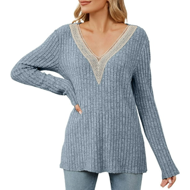 Gibobby Playera Moda 2023 Otoño/Invierno Nueva camiseta de manga larga suelta con cuello en V de de color sólido para mujer(Azul, S)