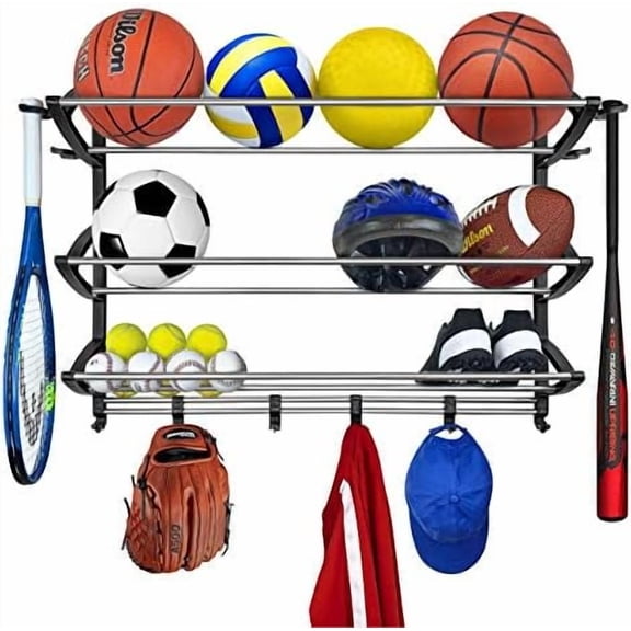 ? Garage Sports Equipment Organizer - Wall Mount Ball Rack - Sports Equipment Storage - Ball Storage for Garage - Garage Toy Storage - Easy to Install Sports Storage Organizer for Garage - Black