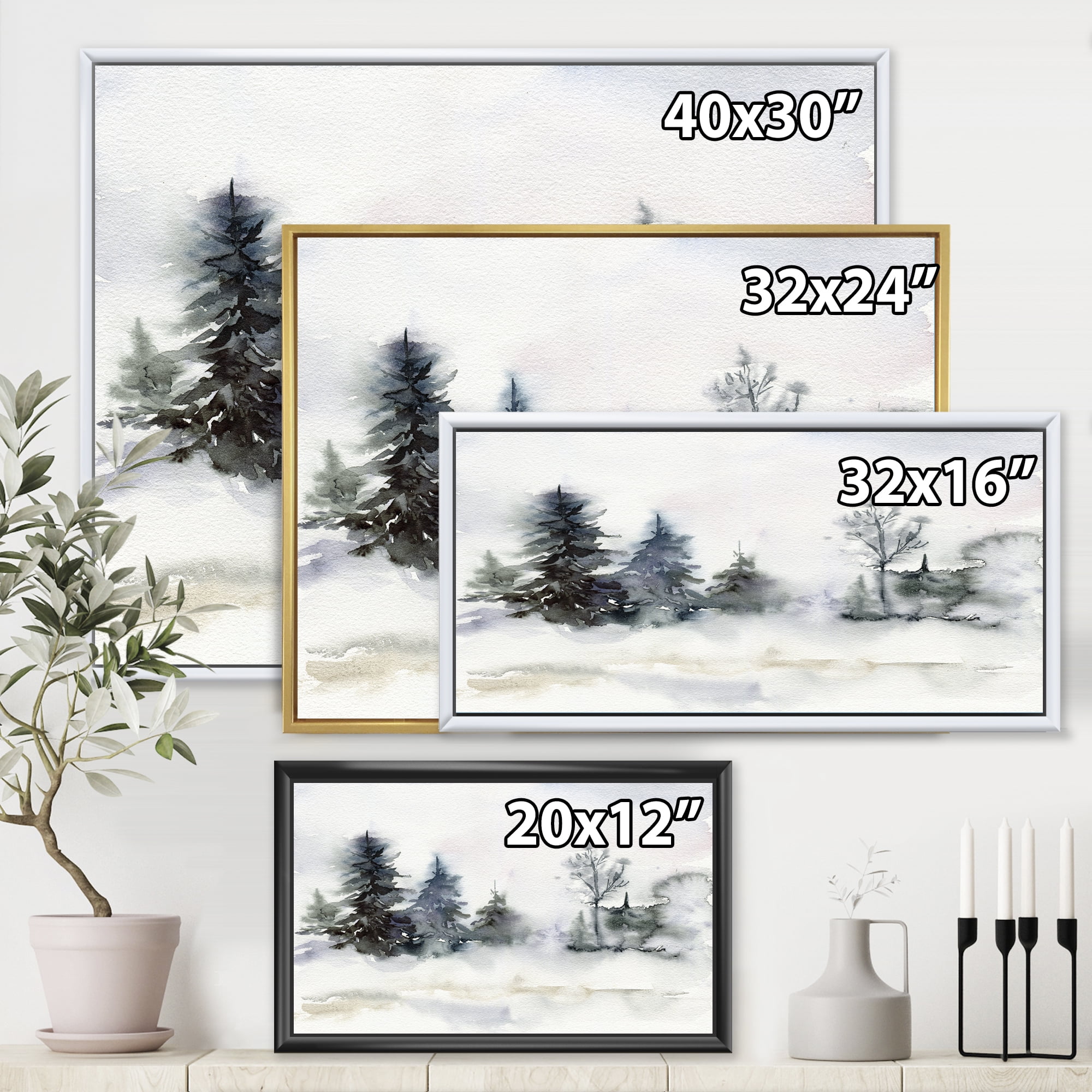 Designart 'Christmas Minimalistic Snow and Forest Landscape' Lake House Framed Canvas Wall Art Print