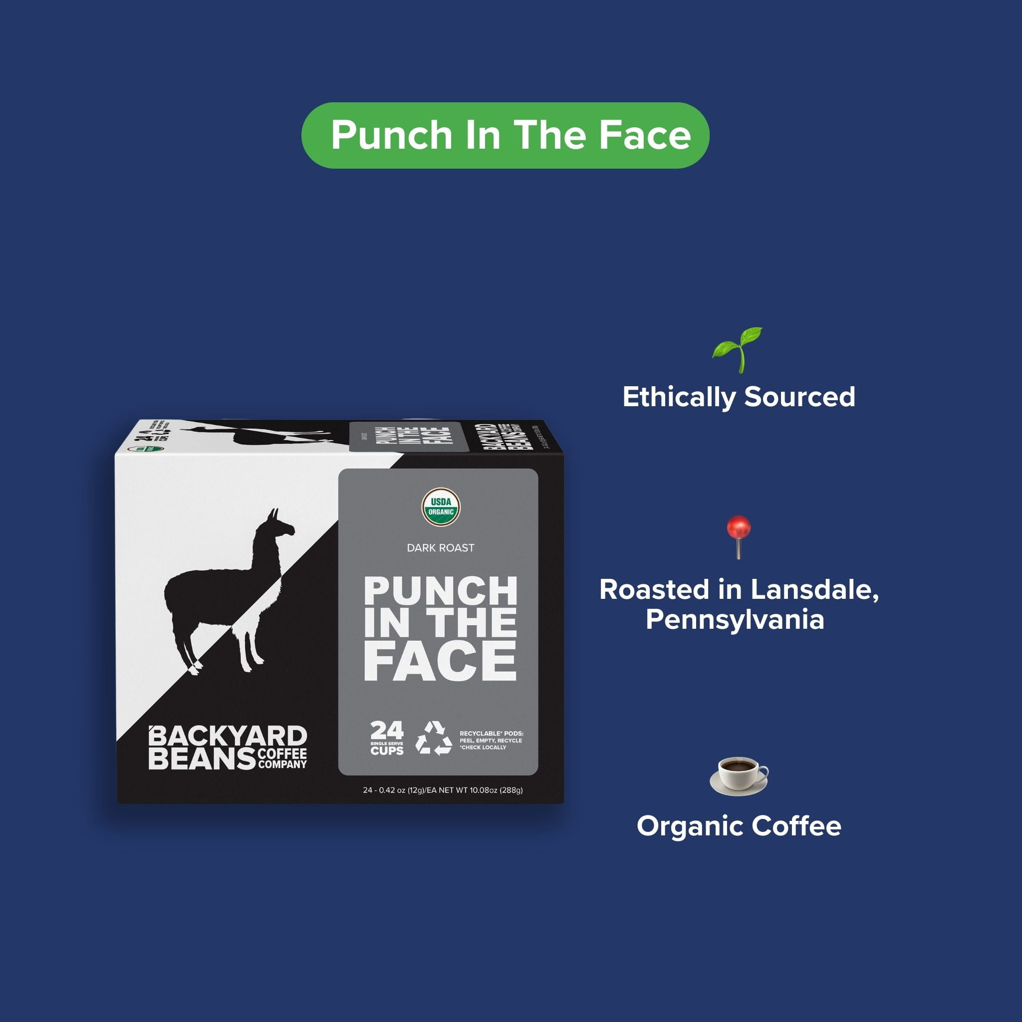 Local Backyard Beans Coffee Co Punch in the Face, Organic, Dark Roast, Keurig Coffee Pods, 24ct
