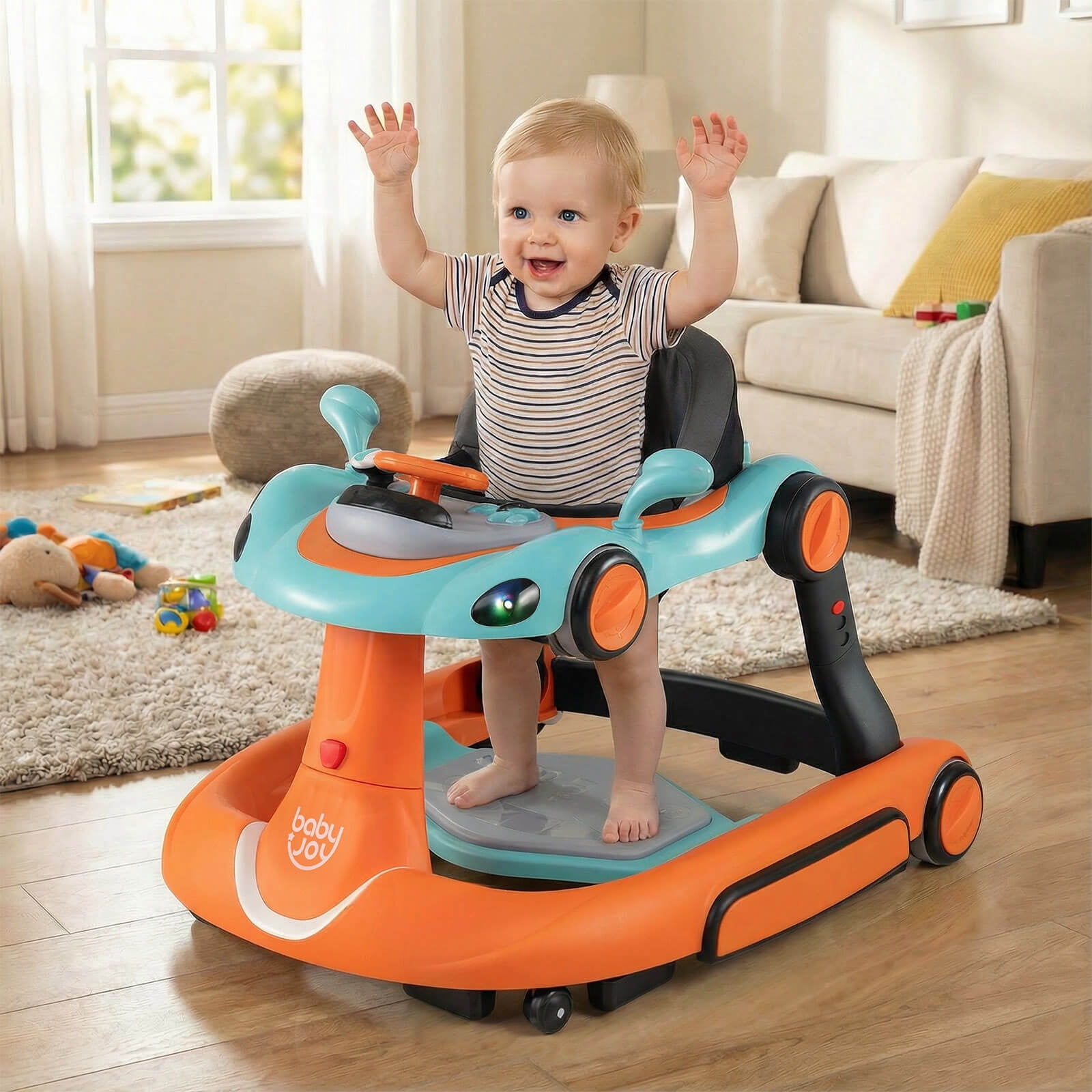 Babyjoy 6-in-1 Baby Walker with Canopy, Music, Lights, Speed/Height Adjustment & Wheels Green + Orange