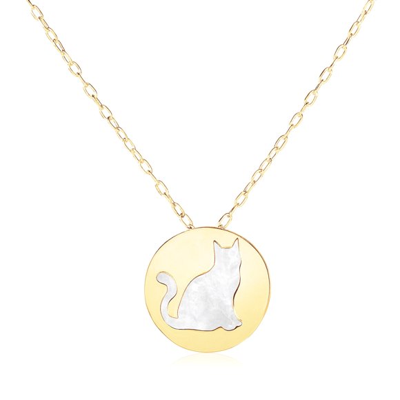 14k Yellow Gold Necklace with Cat Symbol in Mother of Pearl Size 16 inches