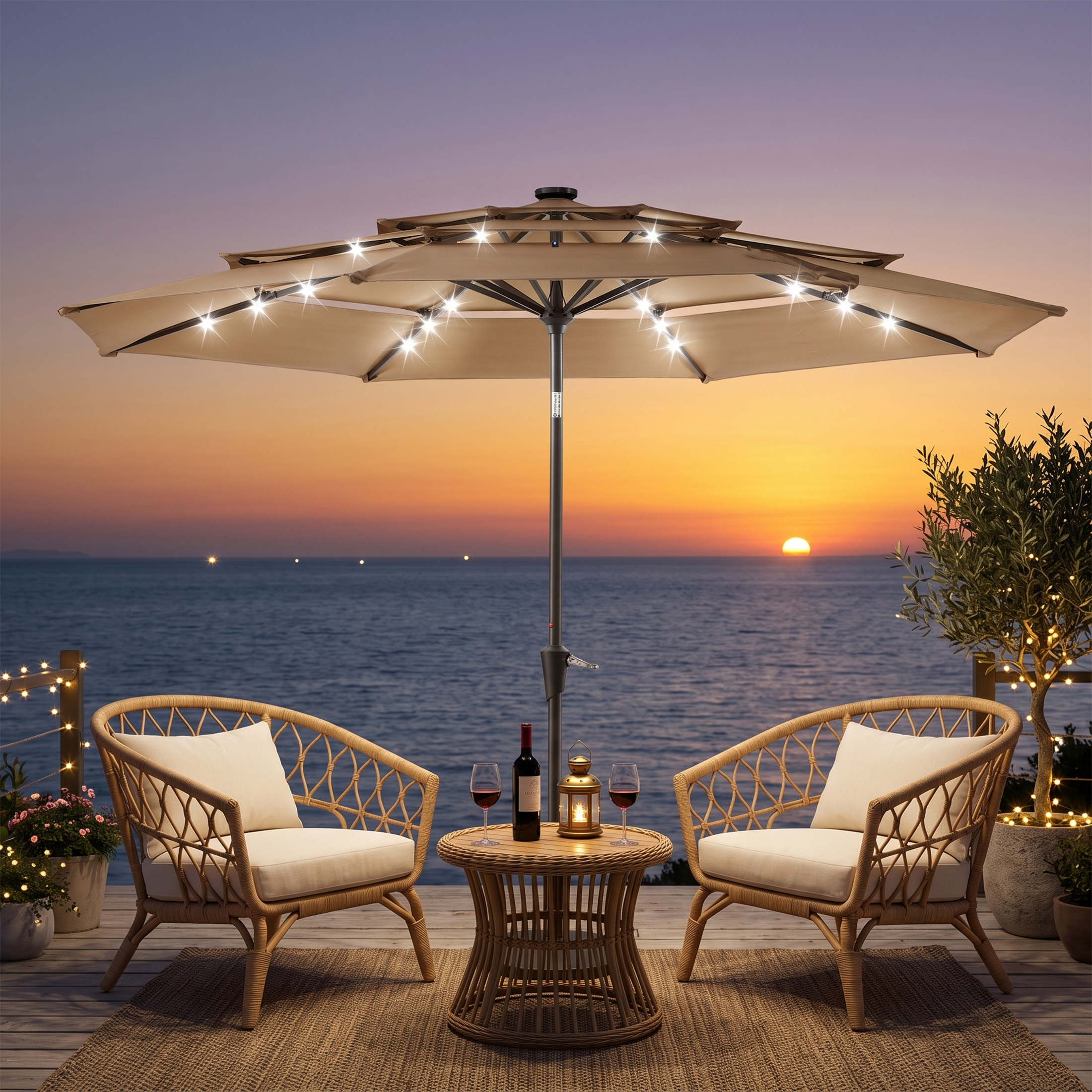 edx 10 Ft Solar LED Patio Umbrella With Tilt, Khaki photo 2