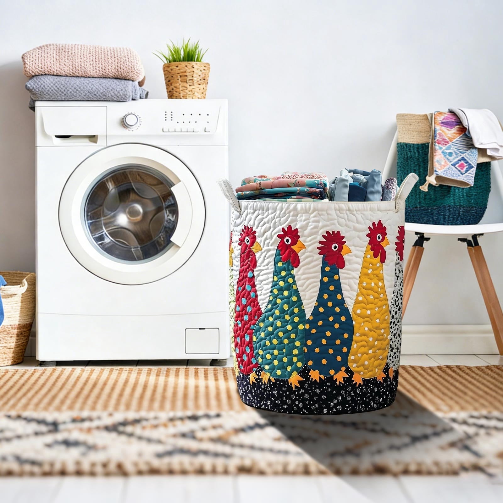 DAMAI Quilted Laundry Basket Boho Fabric Floral Storage Hamper for Blankets Toys Book and Clothes Laundry Hampers Bin for Bathroom Kitchen Hotel