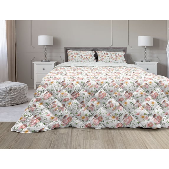 Bird Comforter & Sham Bedding Set, Print of Rose Floral Romantic Feminine Spring Pastel Tone Forest Elements, 3 pcs Duvet Set Microfiber Filling Quilt, 5 Sizes, White and Multicolor, by Ambesonne