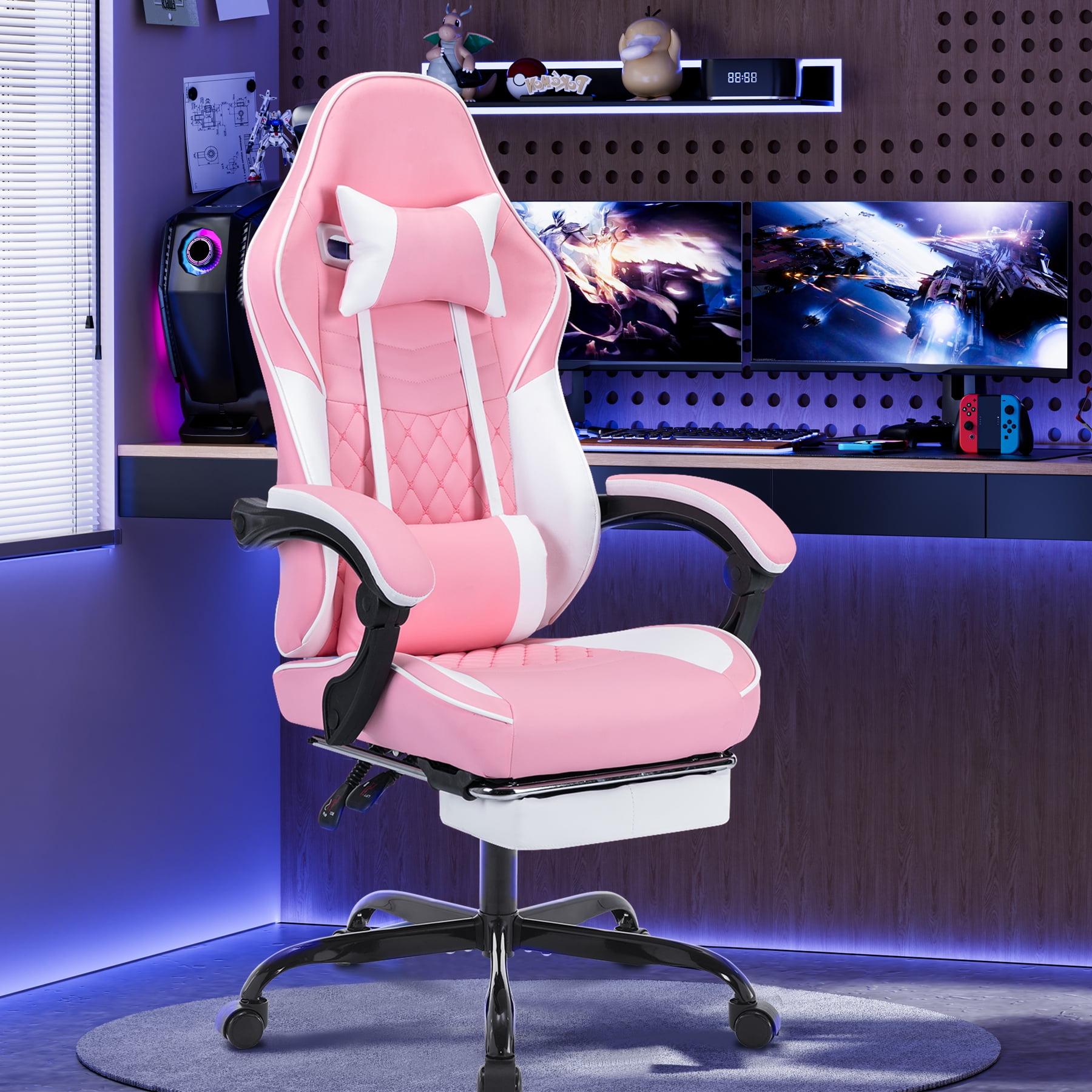 Ergonomic Gaming Chair with Massage Lumbar Support & Footrest, Racing Style Computer Chair with Adjustable Headrest for Home Office, Comfortable, Pink White