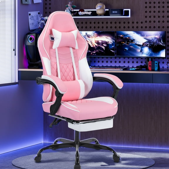 Ergonomic Video Gamer Chairs,Computer Gaming Chairs with Massage Lumbar Support and Footrest,Racing Style Computer Chair Adjustable Headrest for Adults,Pink White