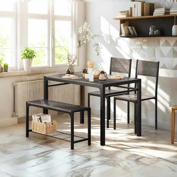 Mesas de Comedor con 2 Taburetesy y 1 Banco para 4-5 Personas, Conjunto de Mesa para Comedor, Cocina, Cafe, Amplia Superficie de 110 * 70 * 75cm (Gris)