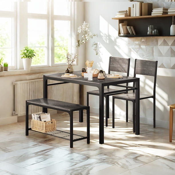 Mesas de Comedor con 2 Taburetesy y 1 Banco para 4-5 Personas, Conjunto de Mesa para Comedor, Cocina, Cafe, Amplia Superficie de 110 * 70 * 75cm (Gris)