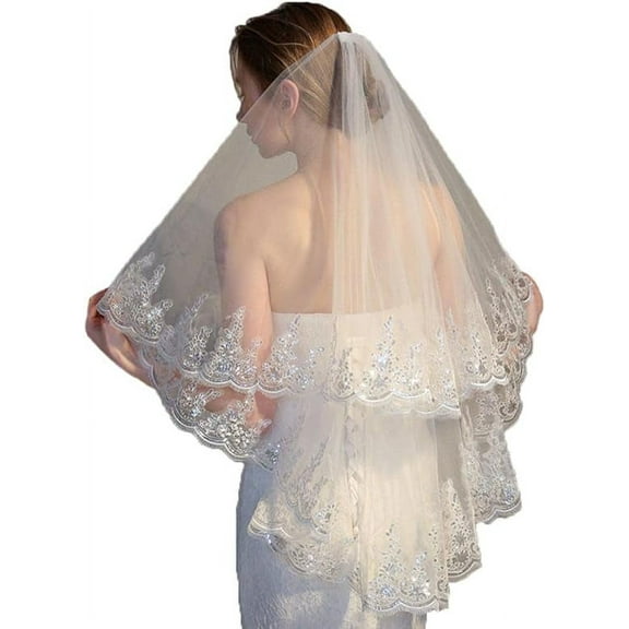 Nvzi Lace Appliqued Bride Wedding Veil with Comb 2-Tier Long Hip Length Sequins Bridal Veils Soft Tulle Veils for Brides