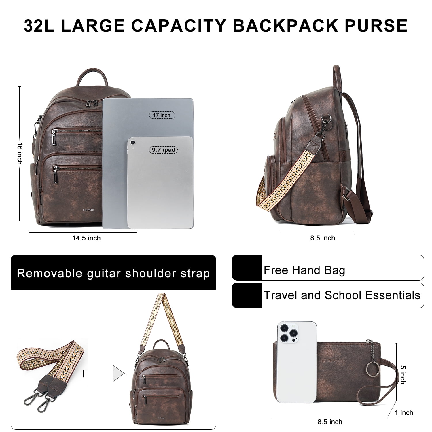 Backpack Purse for Women, Leather Vegan Ladies Fashion Designer Rucksack Convertible Travel Shoulder Bag Teacher College Daypack Work Handbag fits 14" Laptop-Coffee