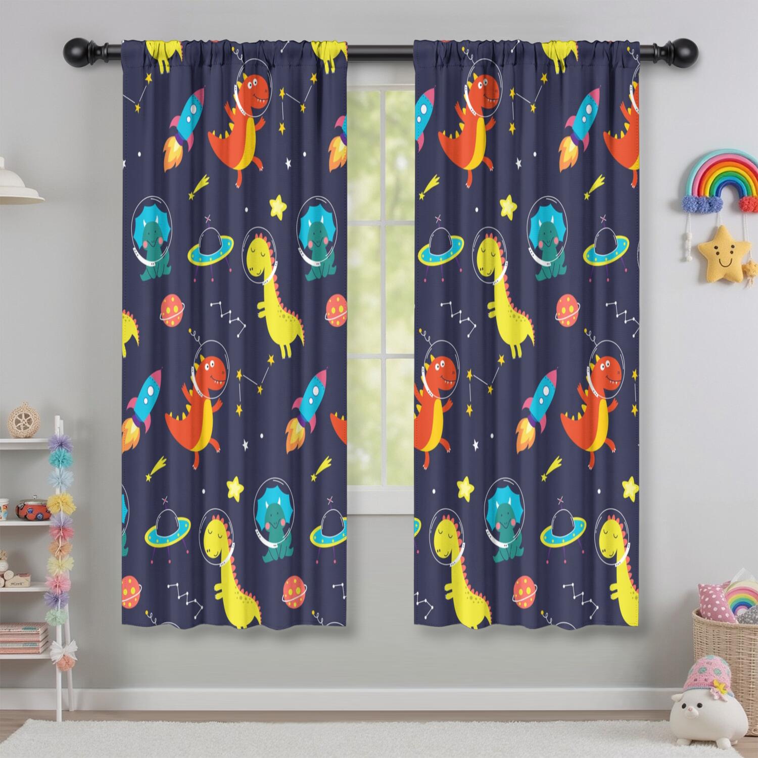 Funny Window Curtains for Kids Room - 42Wx63H Inch 2 Panels, Rod Pocket Colorful Cartoon Dinosaur Patterns for Boys Bedroom Decor Preschool Classroom Curtains Playroom Living Room Window Drapes