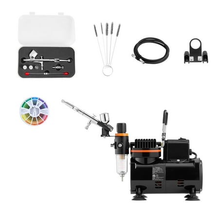 KFFKFF Airbrush Kit with Compressor, 1/6 HP, Includes Dual-Action Airbrush, 3 Nozzles, Hose, Holder, Cleaning Tools, Quiet Operation, Ideal for Cake Decorating, Model Painting, and Nail Art