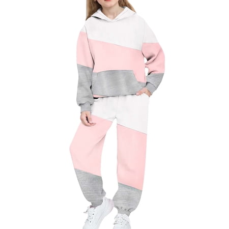AINIYSGirls Color Block Sweatsuit Outfits Fleece Hooded Sweatshirt and High Waist Jogger Sweatpants Athletic Outdoor Comfy Set with Pockets for Kids Gray 10-11Years