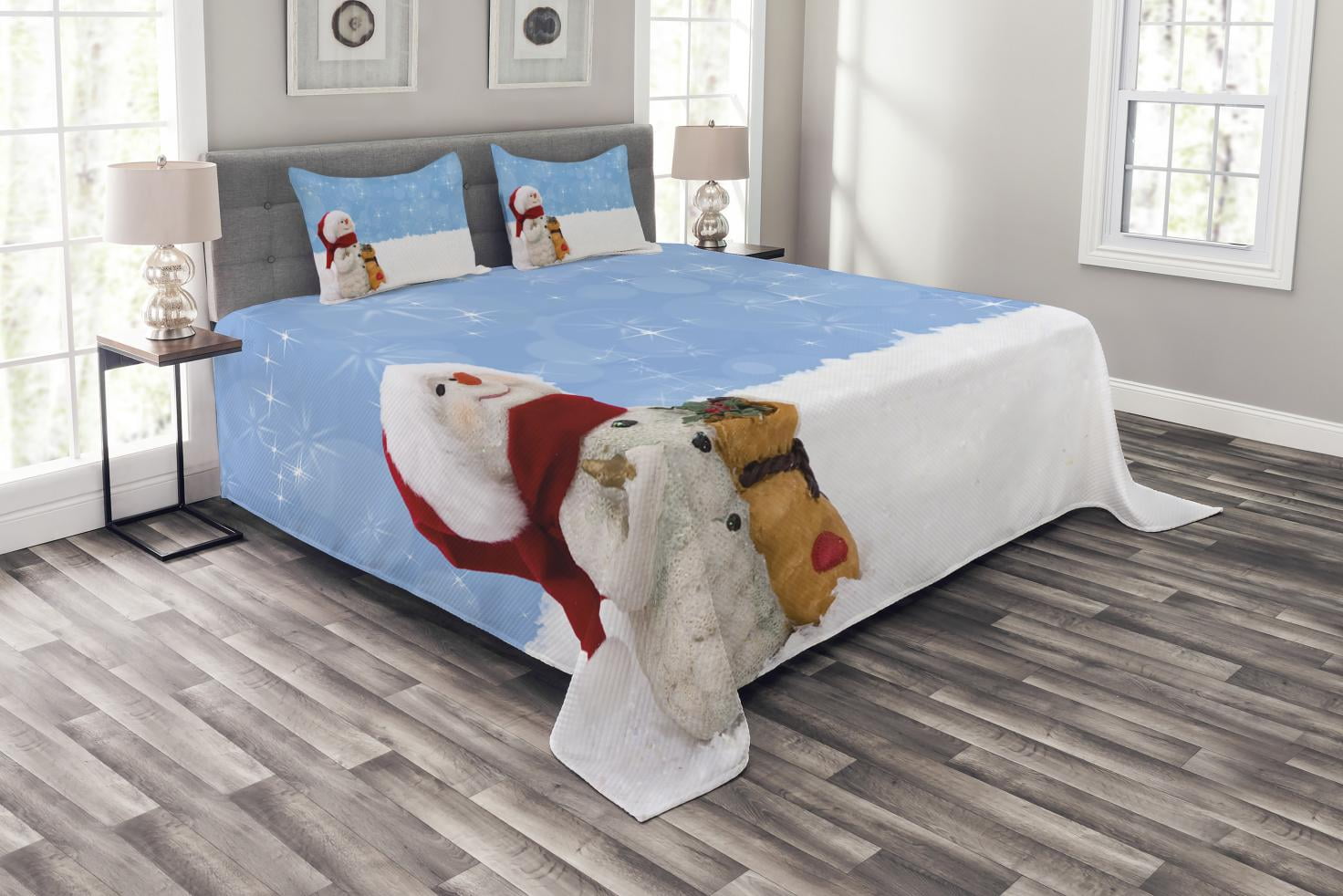 Kids Toddler Design Happy Snowman Cartoon Style Merry Christmas Theme Pale Blue White Ambesonne Winter Bedspread Queen Size Decorative Quilted 3 Piece Coverlet Set with 2 Pillow Shams