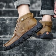 Xfvqtps Mens Ankle Boots British Large High Top Outdoor Loafers Lace Up Motorcycle Cowhide Fashion Casual Shoes Leather Shoes Trendy Large Size Breathable Driving Shoes Khaki