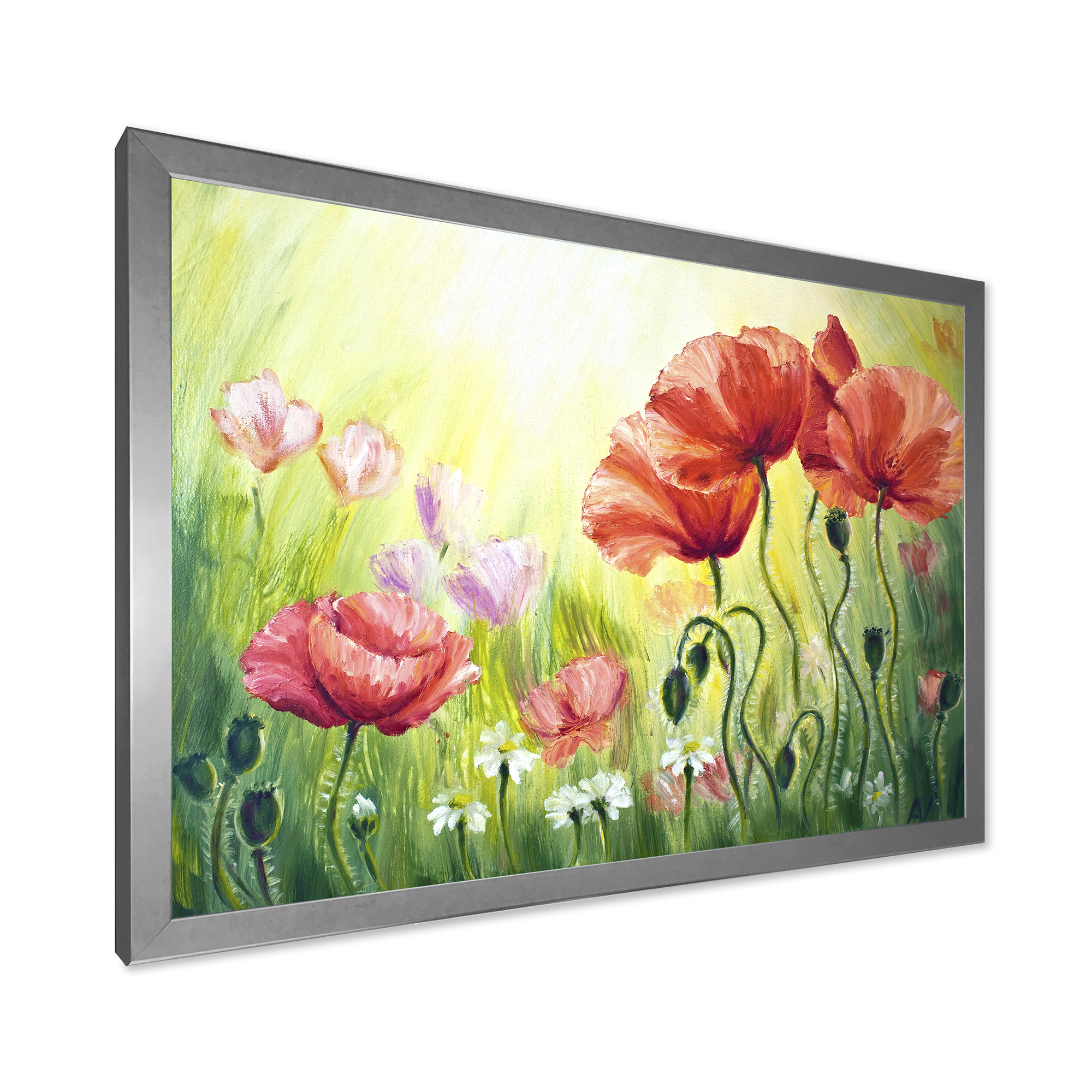 Designart 'Blossoming Red and Purple Poppies In The Morning I' Traditional Framed Art Print