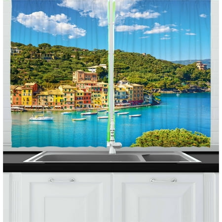 Green Bay Packer Window Curtains Italy Curtains 2 Panels Set, Portofino Landmark Aerial Panoramic View Village and Yacht Little Bay Harbor, Window Drapes for Living Room Bedroom, 55W X 39L Inches, Blue Green Yellow, by Ambesonne ()