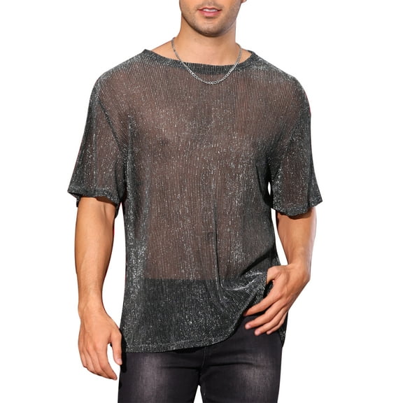 Glitter See Through Tee for Men's Short Sleeves Party Clubwear Metallic Shiny Mesh Sheer T-Shirt L Silver Gray