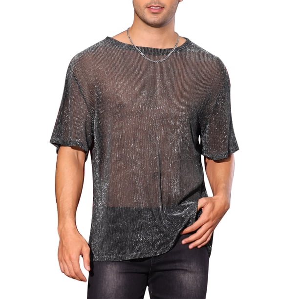 Camiseta de manga corta transparente con brillo para hombres, ropa de fiesta y club, camiseta de malla metálica brillante, L gris plateado