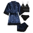 thumbnail image 3 of CUZIBR Women'S 4 Piece Lace Satin Nightgown Set Strap Tank Top Brief Shorts Long Sleeve Dress With Belt Outfits Lace Trim Trendy Sofy Cozy Cami Nightwear,Navy,M, 3 of 3