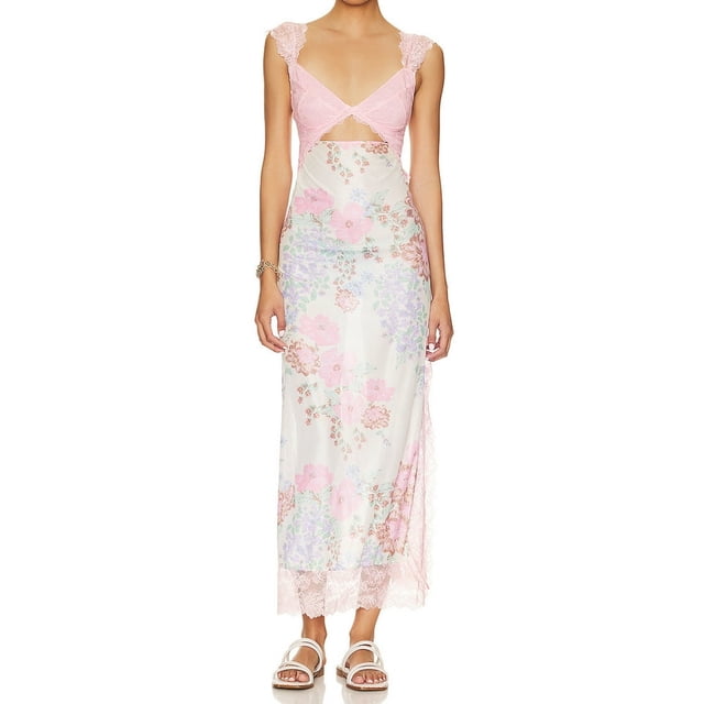 Robe Longue Femme à Imprimé Floral en Dentelle Patchwork Y2K Transparente à Bretelles Découpes Moulante Robe de Soirée Sans Manches Dos Nu