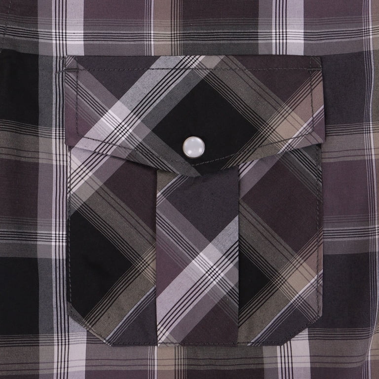 Coevals Club Men's Western Plaid Pearl Snap Shirt - Purple/Black, Short Sleeve, Two Pocket Casual Shirt