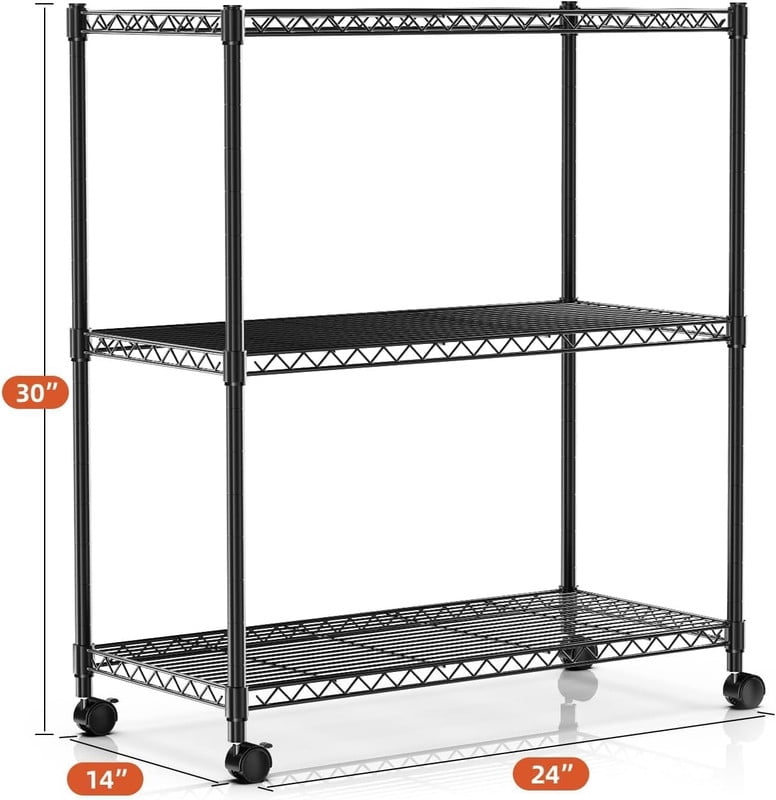 3-Tier Heavy Duty Storage Shelves 750Lb Capacity, 24.02" D x 13.78" W x 31.98" H Shelving Unit for Pantry, Garage, Laundry and Kitchen, Black