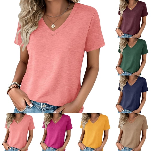 Hfnxid Short Sleeve Shirts for Womens Solid Color Basic Tops Summer Casual Tunic Tshirt Fashion Daily Tees Purple S
