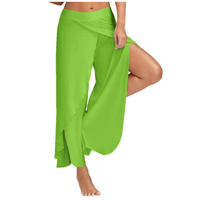 huaai women's solid color split high stretch exercise yoga leisure pants  casual pants for women green l