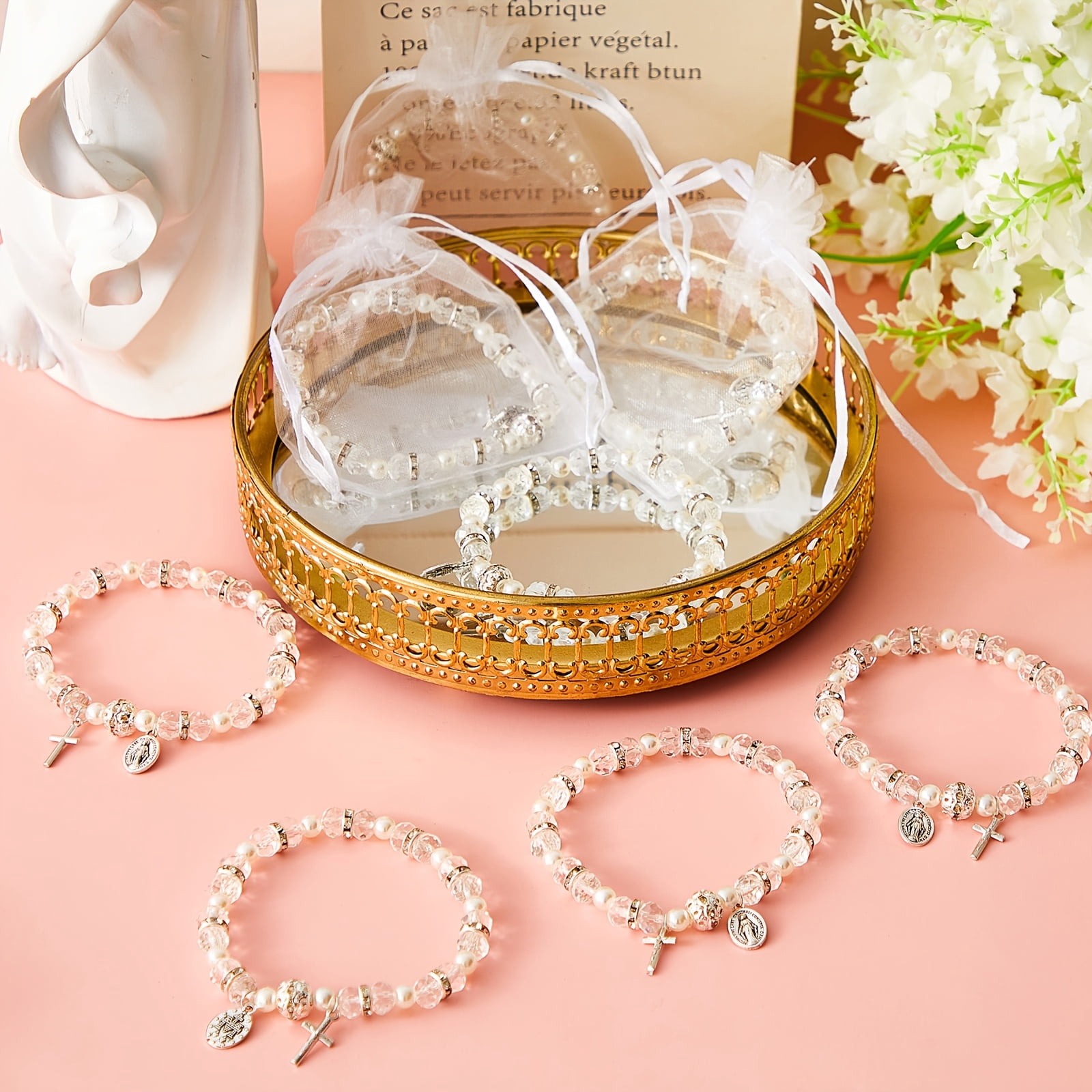 30 Pcs Rosary Bracelet Set with Gift Bags, White Catholic Bead Bracelets Bulk, First Communion Favors, Baptism Gifts, Religious Jewelry for Women and Men, Faith Accessories for Church Events