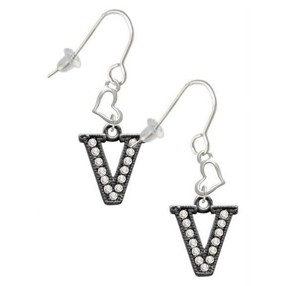 Black Nickeltone Crystal Initial - V - Beaded Border - Heart French Earrings