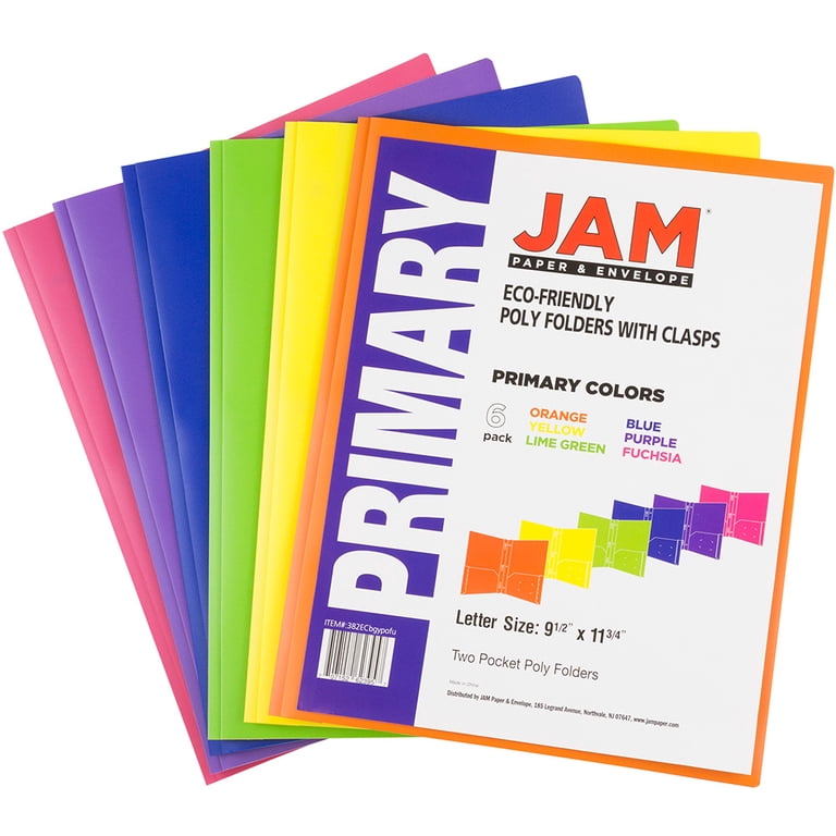 JAM PAPER A4 Plastic 2-Pocket Folders - 6 Pack, Assorted Bright Colors (Blue, Green, Orange, Etc.)