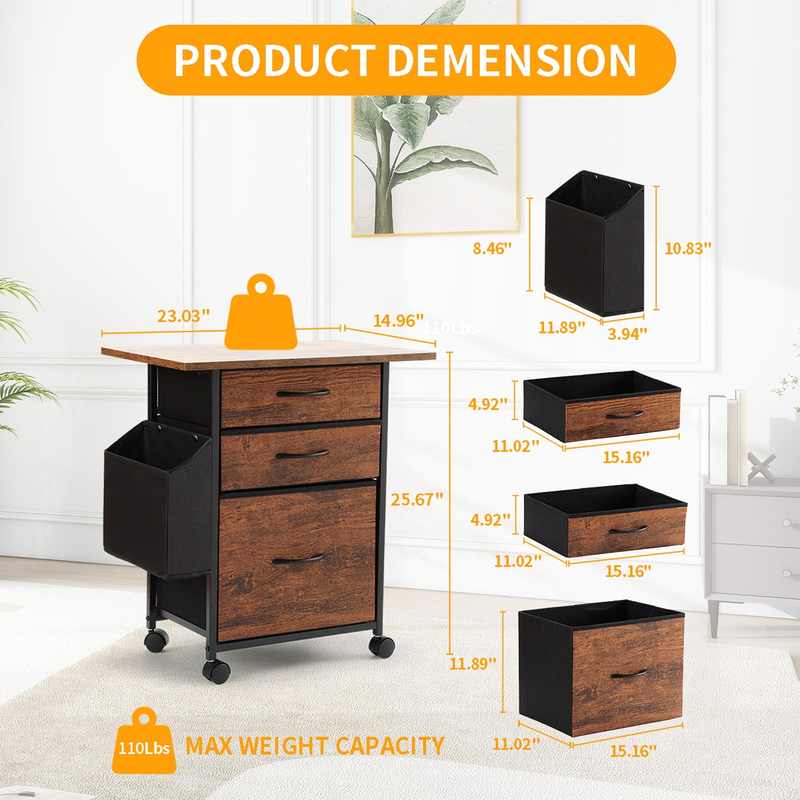 KATHY&BOB Printer Stand with 3 Fabric Drawers, Mobile File Cabinet, Desk Table Cabinet Fits A4 Letter Size, Home Office Furniture, Brown