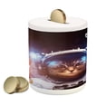 thumbnail image 1 of Space Cat Piggy Bank, Kitten in Space Suit Sun Lunar Eclipse over Planet Stars Image, Ceramic Coin Bank Money Box for Cash Saving, 3.6" X 3.2", Dark Blue Orange, by Ambesonne, 1 of 4