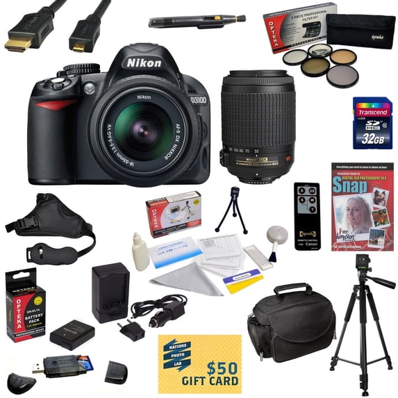 Nikon D3100 Digital SLR Camera with 18-55mm & 55-200mm NIKKOR VR Lens With 32GB SDHC Card, Reader, Battery, Charger, 5 Piece Filter Kit, HDMI Cable, Bag, Tripod, Cleaning Kit, DVD, $50 Gift Card, More