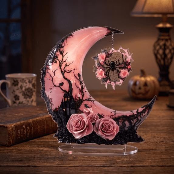 2D Acrylic Halloween Desktop Decor, Spooky Halloween Decorations, Flying Witch Halloween Decor, Home Decor Living Room, Pastel Pink Moon Witch Display with Matching Stand