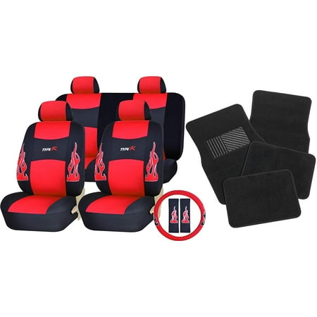 17pc Flames Red and Black Type R Racing Low Back Seat Covers with Head Rest Covers, Bench Cover with Head Rest Covers and Steering Wheel Cover with Shoulder Pads and a SET of Floor