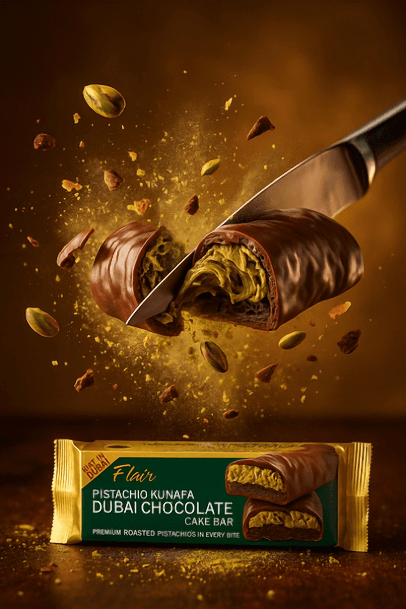 Flair Dubai Pistachio Kunafa Chocolate Cake Bar - 3pcs Box 165gm (5.8oz)