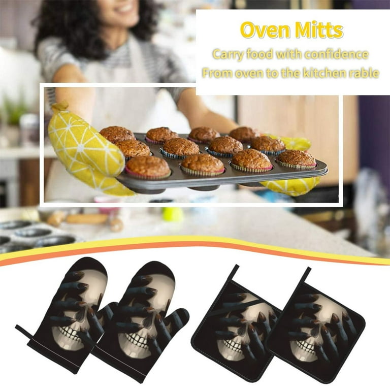 Black Skull Oven Mitts and Pot Holders Sets Pot Holders for