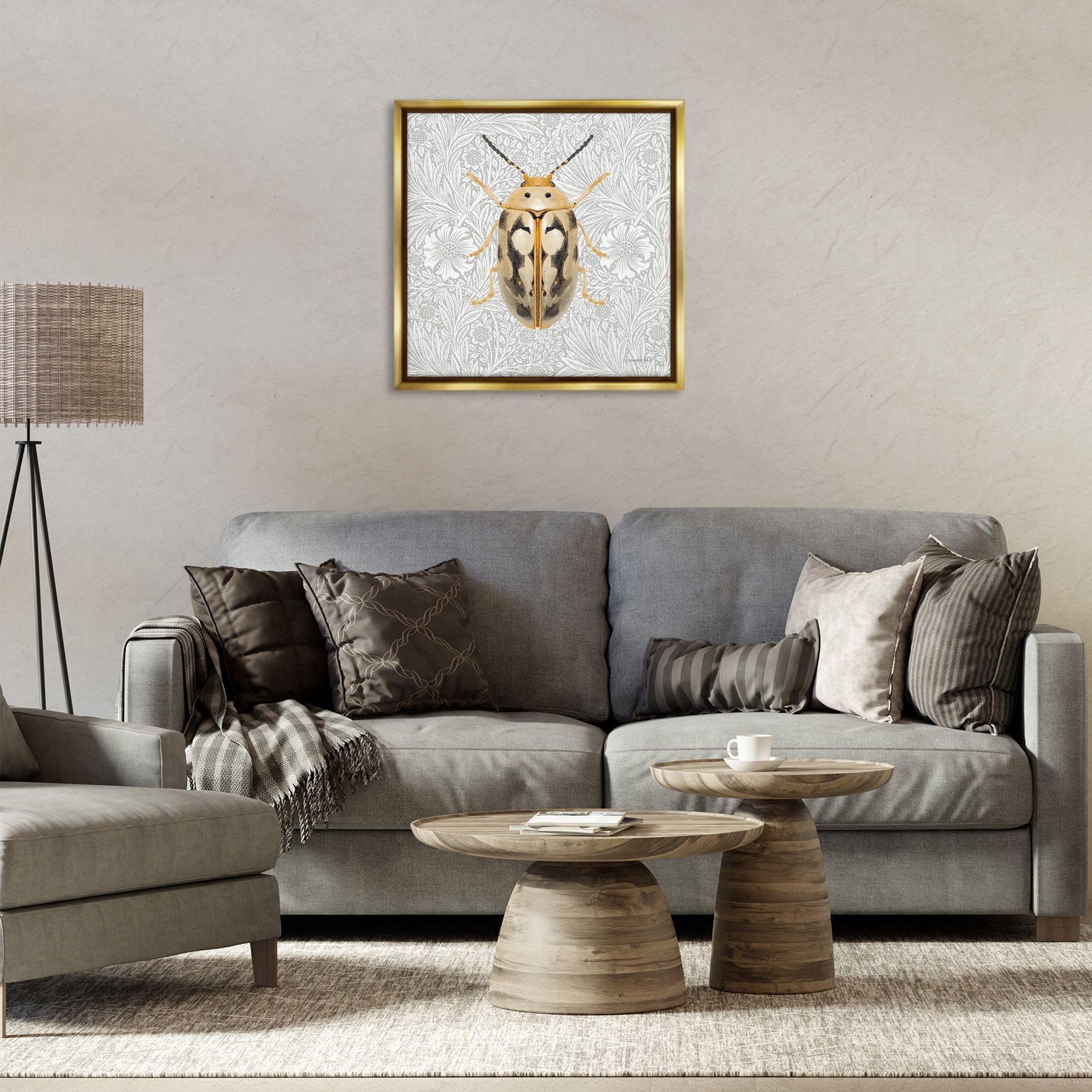 Stupell Industries Vintage Beetle Floral Pattern Animals & Insects Painting Gold Floater Framed Canvas Art Print Wall Art, 25 x 25