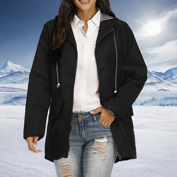 Bmisegm Women Solid Rain Jacket Outdoor Plus Size Hooded Windproof Loose Coat Anorak Jacket Women Black M