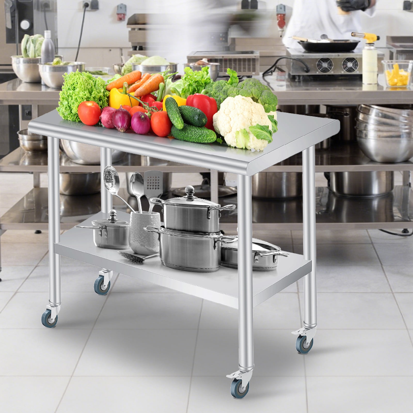 Commercial Grade Stainless Steel Outdoor Prep Table with Backsplash – Adjustable Undershelf, Caster Wheels – Heavy Duty Kitchen Storage Work Table for Patio, Restaurant – 24 x 48 Inch