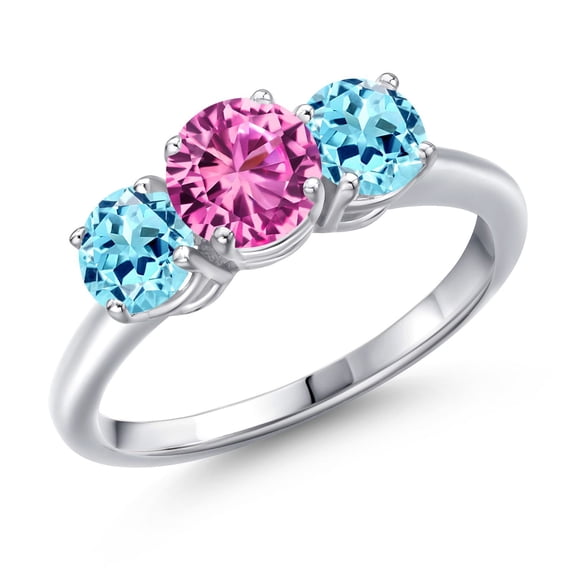 Gem Stone King 925 Sterling Silver Pink Created Sapphire and Blue Apatite Engagement Ring for Women | 1.99 Cttw | Round 6MM | Gemstone September Birthstone | Size 8