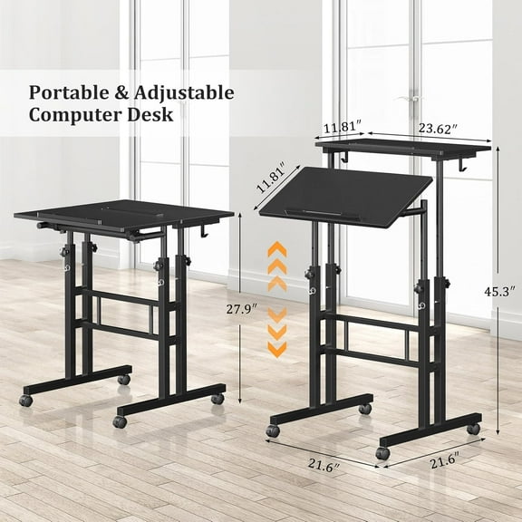 Small Standing Desk with Wheels, Mobile Stand Up Desk, Portable Standing Table on Wheels for Walking Pad, Rolling Computer Desk Adjustable Height, Tall Table